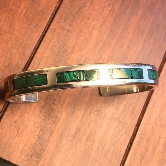 TAXCO Sterling Silver & Malachite Cuff Bangle Bracelet - Picture 3 of 10